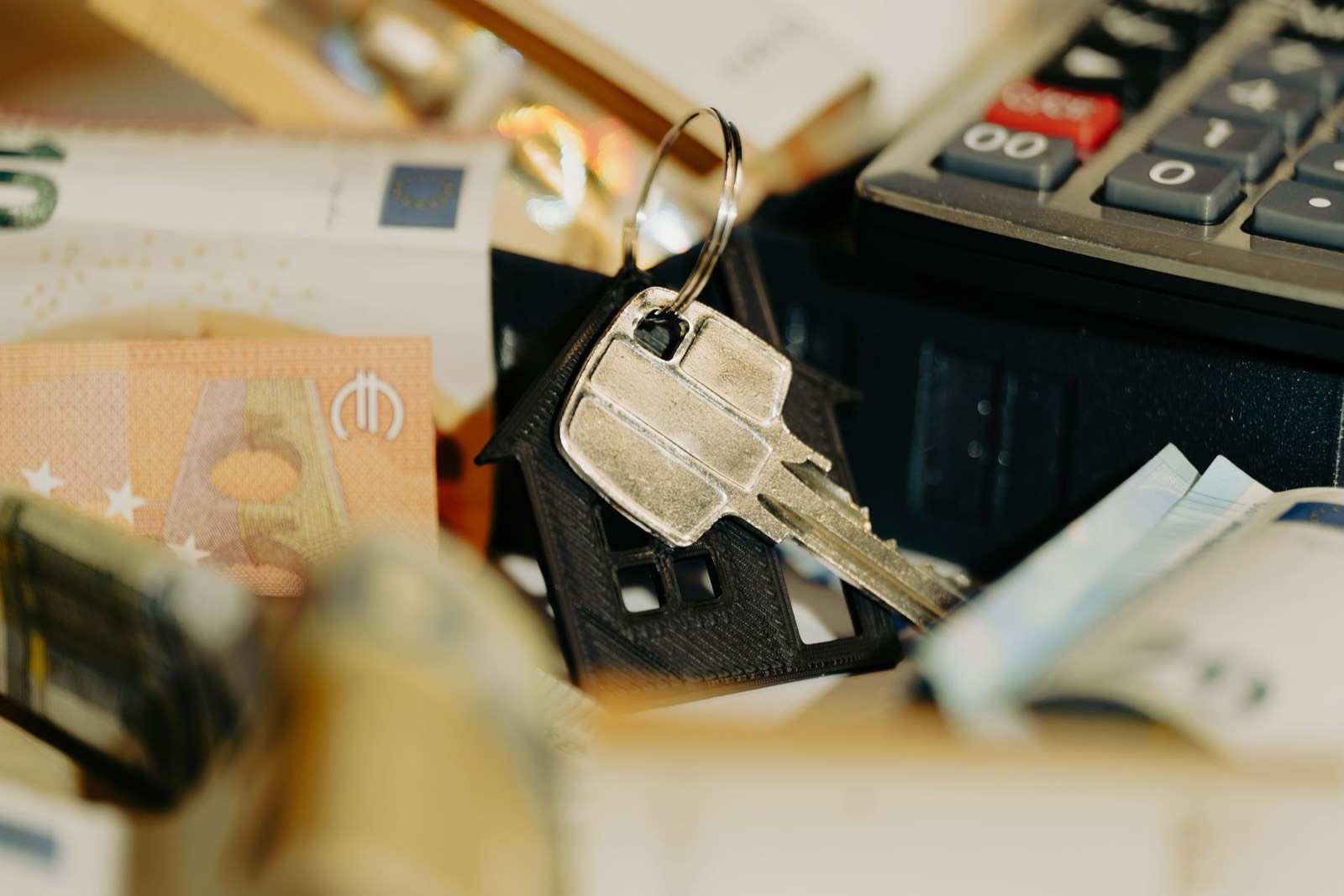 Clés, calculatrice et documents posés sur une table avant la signature d'un achat immobilier